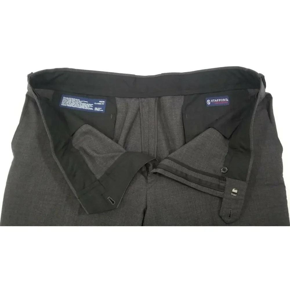 N) Stafford Performance Men's Gray 44 x 30 Classic Fit Flat Front Dress Pants